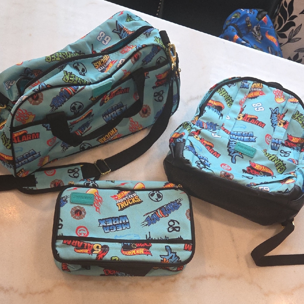 Posh Peanut Monster Truck Print Kids Bag Set - Blue